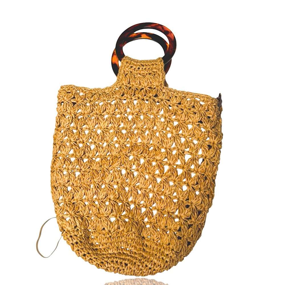 Zara Tan Crochet‎ macrame style Tote with Wooden Handles boho - Picture 3 of 5